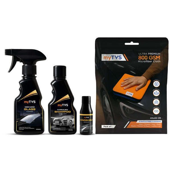 myTVS Car Care Combo Kit including glass cleaner, carnauba shampoo, windshield washer fluid, and 800 GSM microfiber cloth