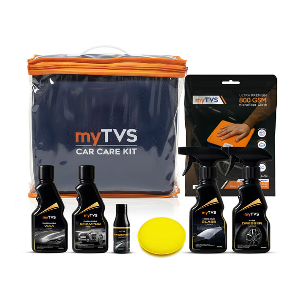 myTVS Car Care Kit combo including shampoo, wax liquid, polish, glass cleaner, windshield washer, and 800 GSM microfiber cloth