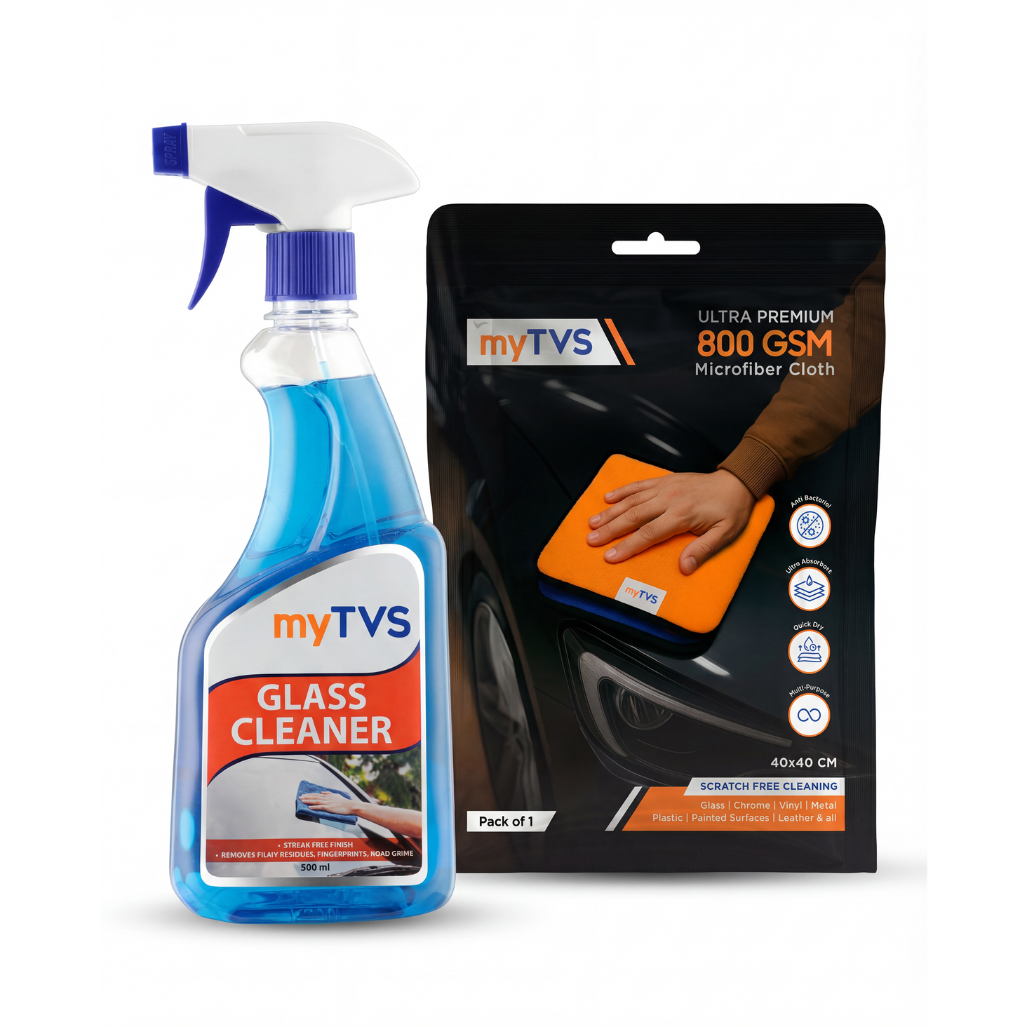 myTVS Car Care Combo Car Glass Cleaner 500ml with 800 GSM Microfiber Cleaning Cloth 40x40cm | CC-GC1_MC-1 — image 1