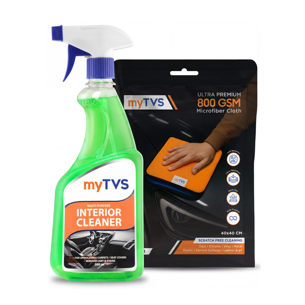 myTVS Car Care Combo Multi-Purpose Interior Cleaner 500ml with 800 GSM Microfiber Cleaning Cloth 40x40cm | CC-MIC1_MC-1