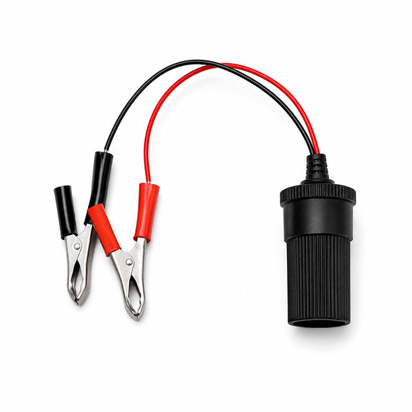 myTVS Direct-to-Battery Power Cable for Mahindra — alligator clips to 12V socket adapter
