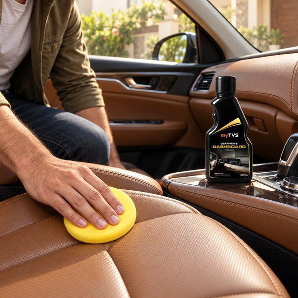 Polishing a leather car seat with myTVS Leather and Dashboard Polish