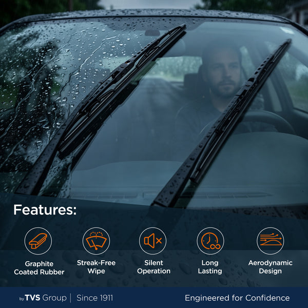 myTVS Metal Wiper Blades - graphite coated rubber, streak-free, silent, long lasting, aerodynamic
