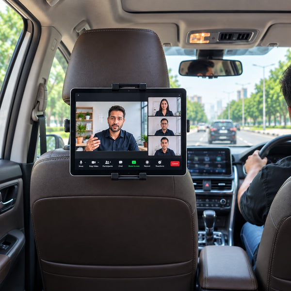 Tablet on a video call held by the myTVS MH-5 backseat tablet holder in a car