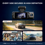 Load image into Gallery viewer, myTVS 3-channel car dash cam showing front, cabin, and rear 2K HDR video recording views