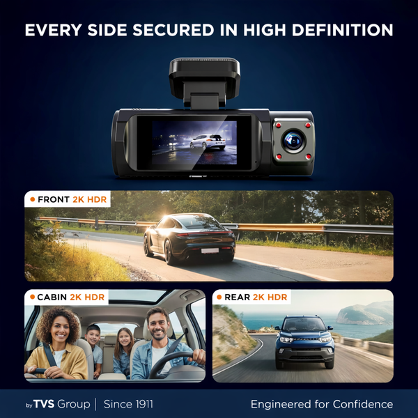 myTVS 3-channel car dash cam showing front, cabin, and rear 2K HDR video recording views