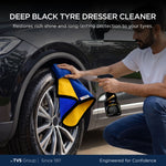 Load image into Gallery viewer, myTVS Deep Black Tyre Dresser Cleaner spray being used with a microfiber cloth to clean and shine a car tyre
