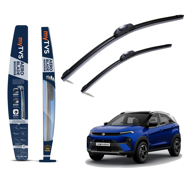 myTVS Frameless Wiper Blades for Tata Nexon (24 x 14) - pack, blades and car