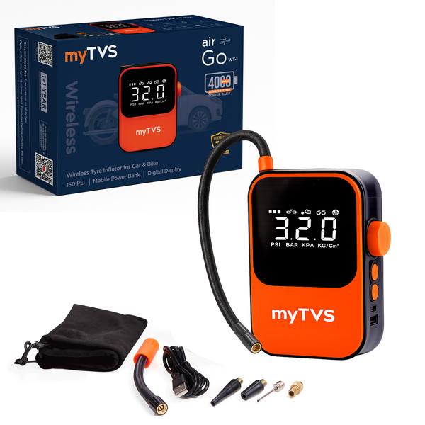 myTVS air Go WT-1 wireless tyre inflator with retail box, carry pouch, nozzle hose, USB cable and four inflation nozzle adapters