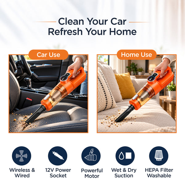 myTVS Pull Ultra Wireless & Wired Vacuum Cleaner – car and home use, wet & dry suction, 12V socket, washable HEPA filter