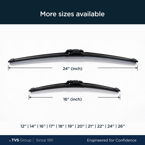 myTVS frameless wiper sizes available 12 to 26 inch