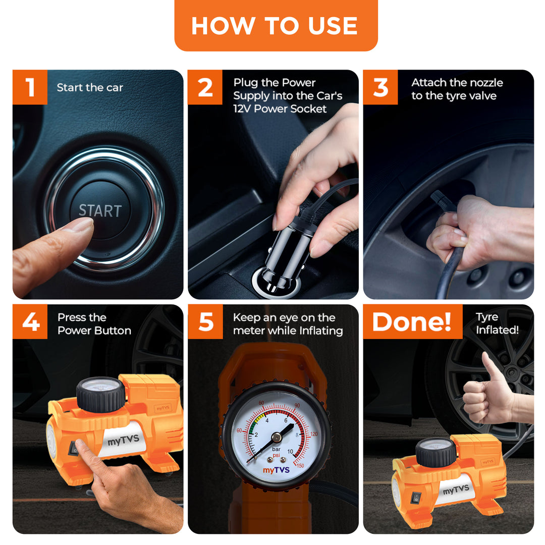 myTVS TI-9 Air Thunder | Analog Heavy Duty Tyre Infltor for Car 150 Psi