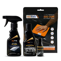 myTVS Car Care Combo Kit including glass cleaner, carnauba shampoo, windshield washer fluid, and 800 GSM microfiber cloth