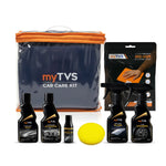Load image into Gallery viewer, myTVS Car Care Kit combo including shampoo, wax liquid, polish, glass cleaner, windshield washer, and 800 GSM microfiber cloth