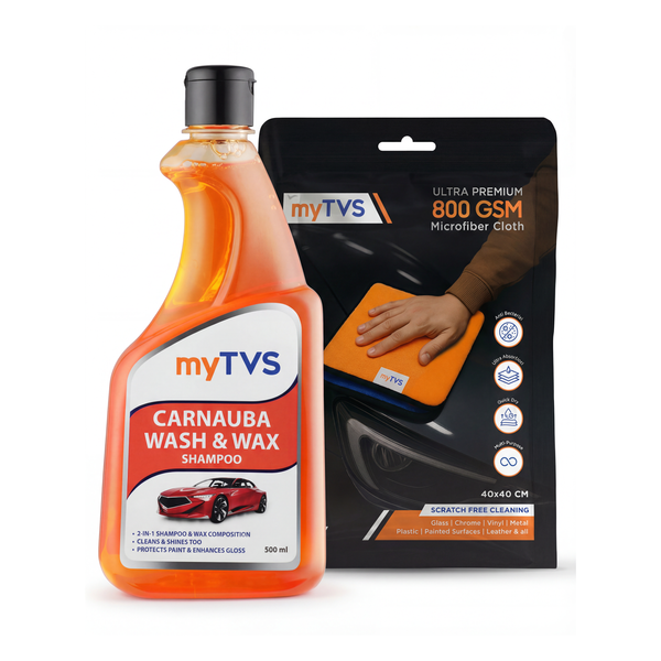 myTVS Car Care Combo Wash & Wax Car Shampoo 500ml with 800 GSM Microfiber Cleaning Cloth 40x40cm | CC-CWS1_MC-1