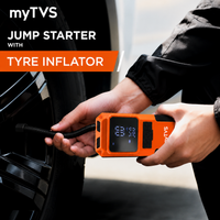 myTVS Jump-n-Pump JS-1 tyre inflator in use - hands inflating a car tyre with the braided hose attached to the valve, 0 to 32 PSI in 3 minutes, 150 PSI max