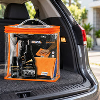 myTVS 4-in-1 Car Care Kit in its clear zip pouch in a car boot