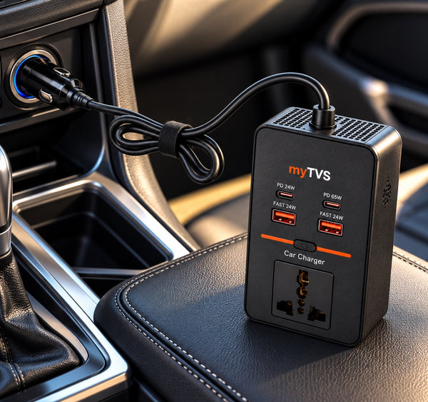 Car laptop charger charging a laptop and two phones at the same time