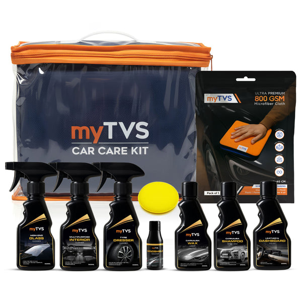 myTVS Car Care Kit combo including shampoo, wax liquid, polish, interior cleaner, windshield washer, and 800 GSM microfiber cloth