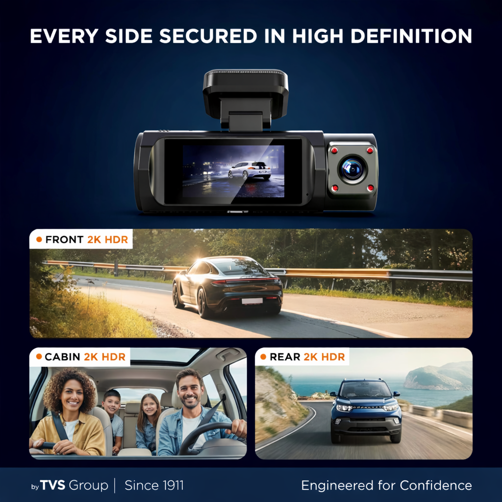 myTVS 3-channel car dash cam showing front, cabin, and rear 2K HDR video recording views
