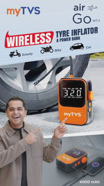 Load and play video in Gallery viewer, Product video of myTVS Air Go WT-1 Wireless Tyre Inflator and Power Bank demonstrating car tyre inflation and smartphone charging features.