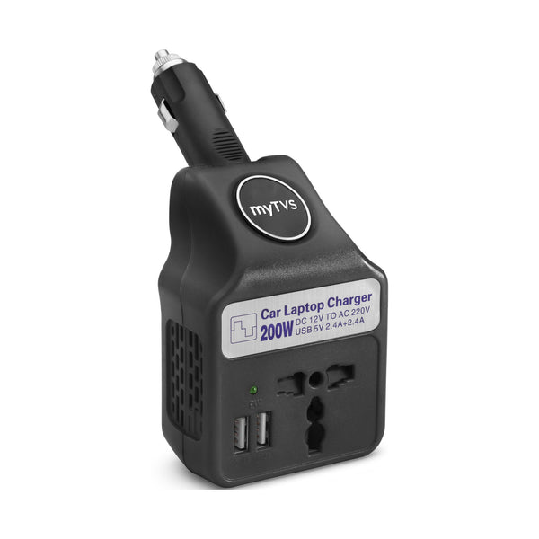 myTVS TLC-28A Car Laptop & Phone Charger 200W with dual USB-A ports and universal AC socket