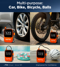 myTVS air Go WT-1 cordless tyre inflator inflating a car tyre, motorcycle tyre, pool float and basketball