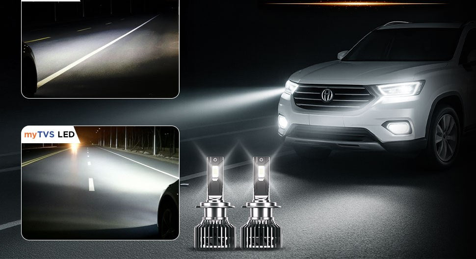 myTVS LED beam versus an ordinary headlight on a dark road
